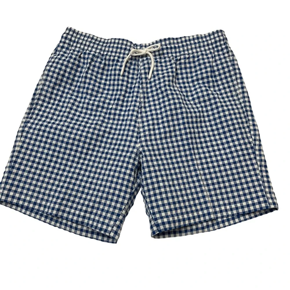 Trunks Swim Trunks Blue Gingham‎ Textured Size L Drawstring Elastic Waist Preppy
